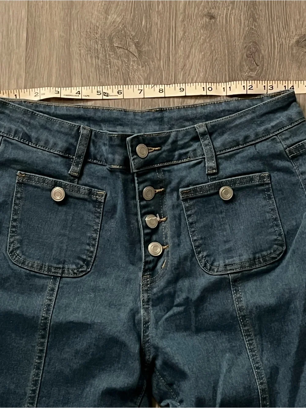 Women's Blue Flare Jeans with Front Button Detail- Retro Sailor Jeans